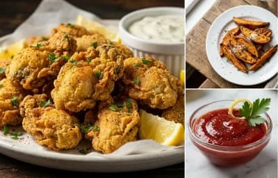 Fried Oysters with Sweet Potato Wedges and Cocktail Sauce