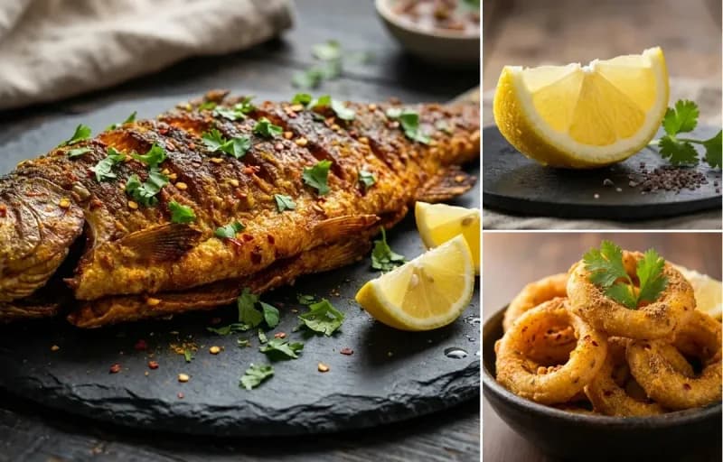 Fried Trout, Lemon Wedge and Indian Onion Rings