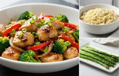 Garlic Chicken Stir-fry with Quinoa and Steamed Asparagus
