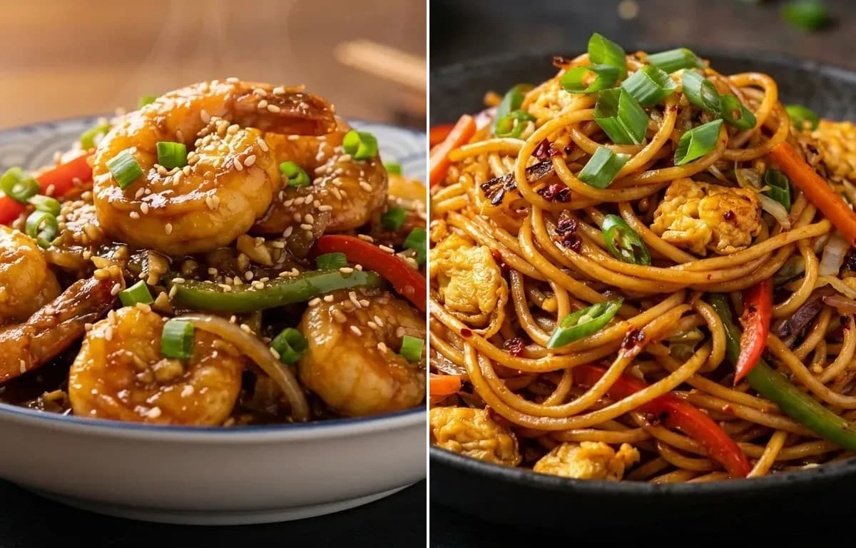 Garlic Prawns with Schezwan Egg Noodles