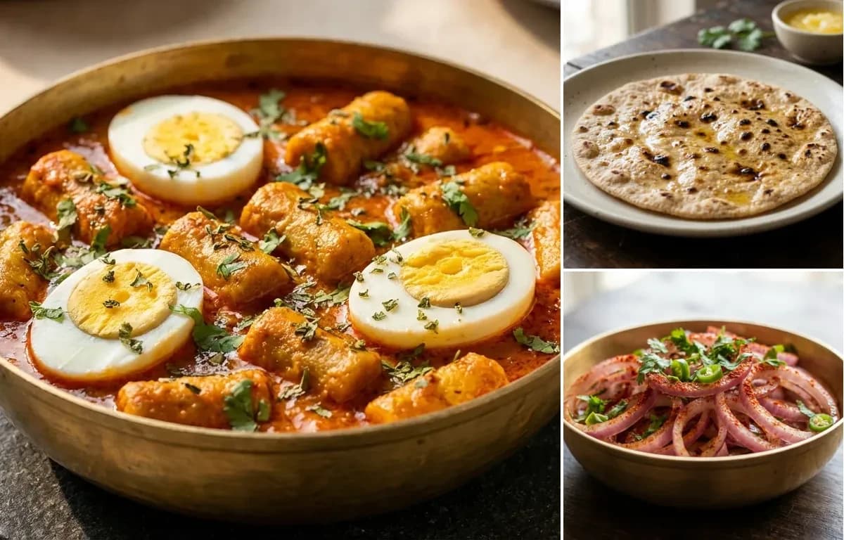 Gatte ki Sabzi with Egg, Gehu Roti and Onion Salad