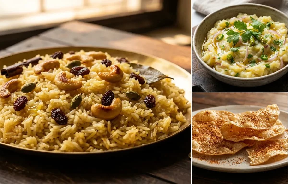 Ghee Bhat, Aloo Seddho and Papad Bhaja