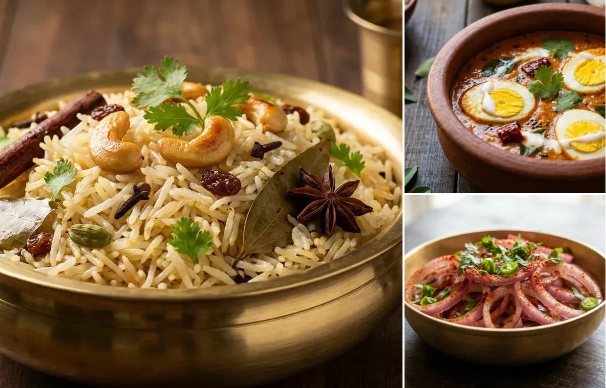 Ghee Rice, Kerala Egg Curry and Onion Salad