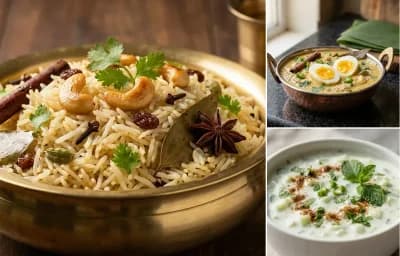 Ghee Rice with Muttai Kurma and Cucumber Raita