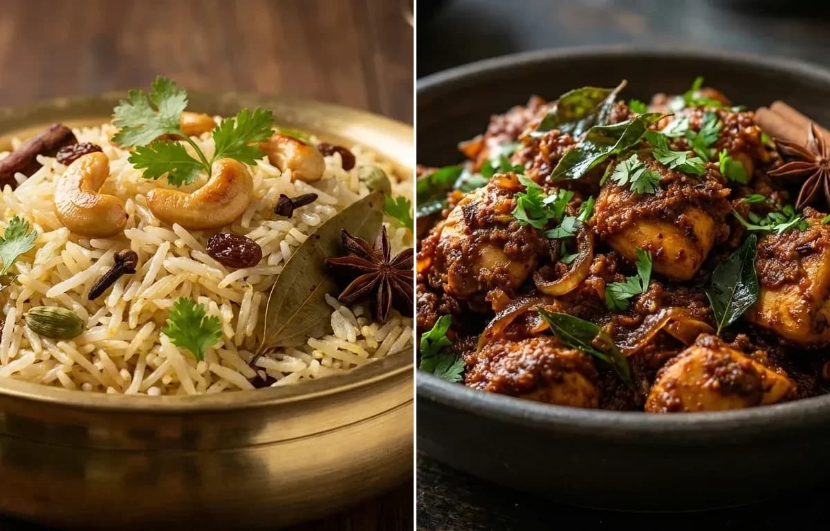 Ghee Rice with Chettinad Chicken Varuval
