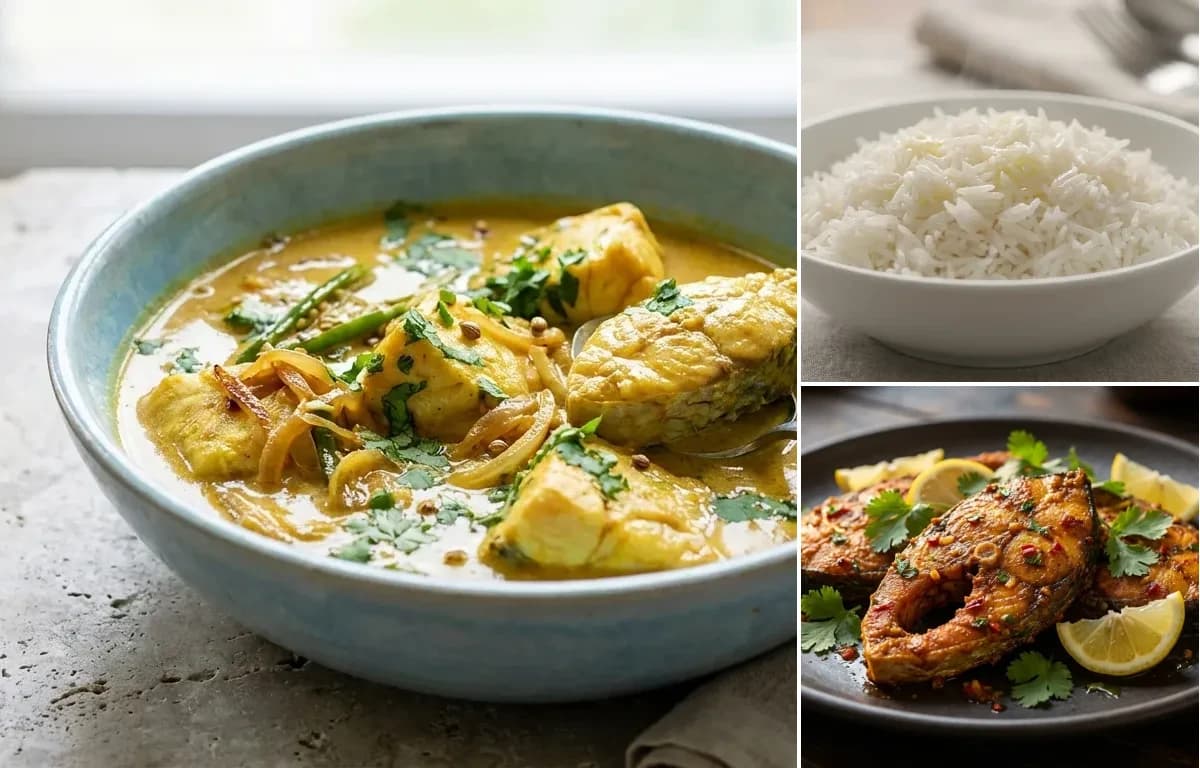 Goan Fish Caldin, Steamed Basmati Rice and Masala Fish Fry