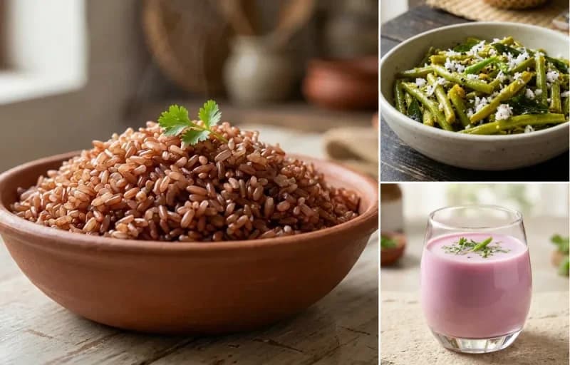 Goan Red Rice, Beans Foogath and Konkani Solkadi