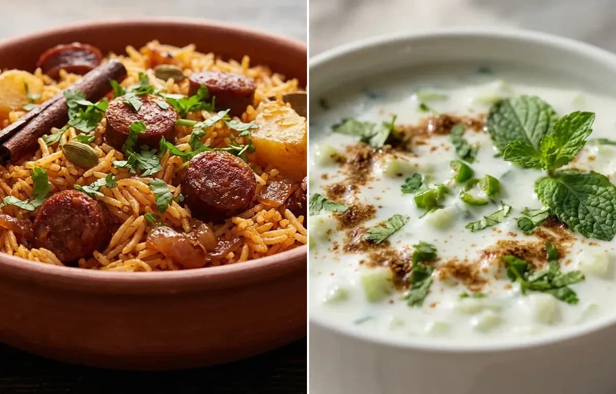 Goan Sausage Pulao with Cucumber Raita