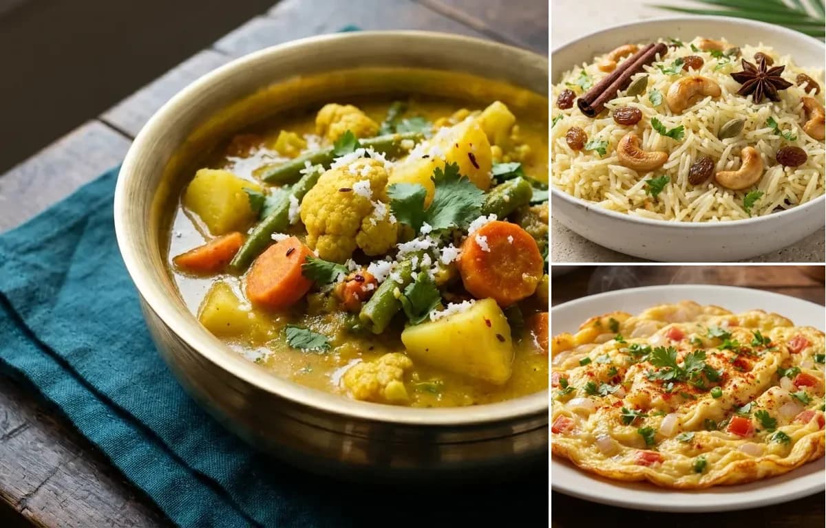 Goan Vegetable Curry, Goan Coconut Rice and Masala Omelette