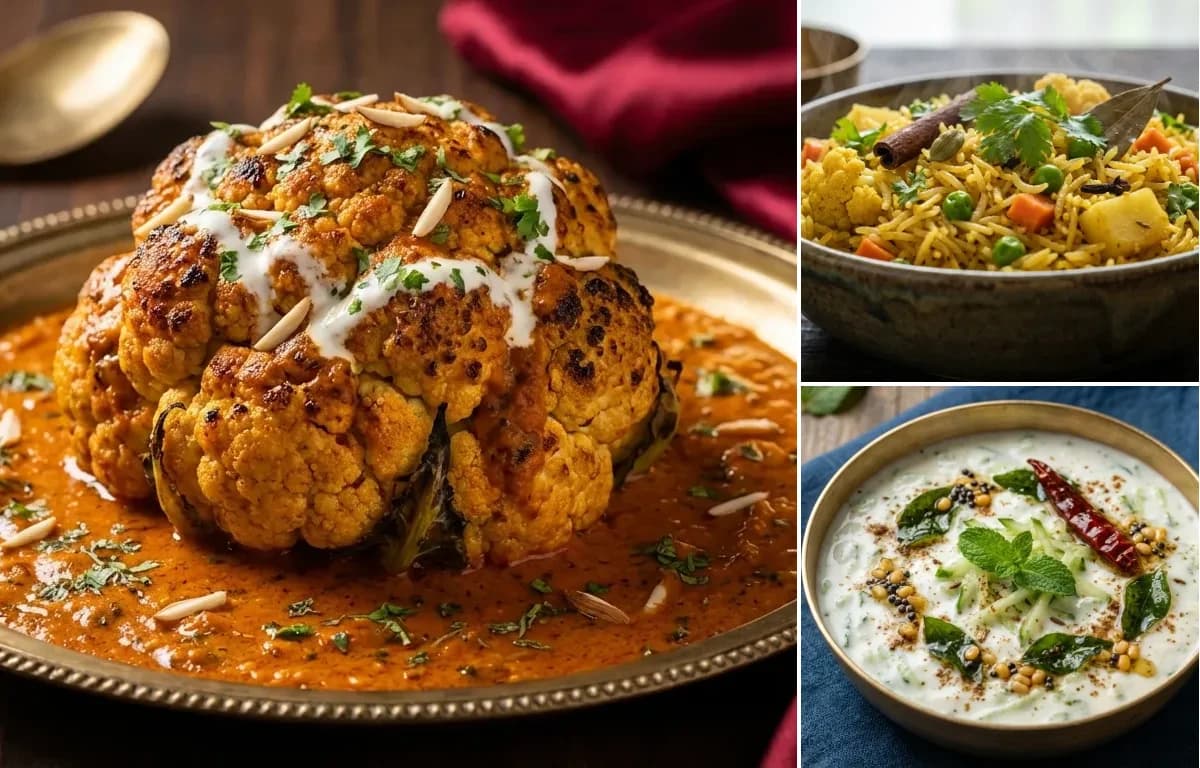 Gobi Musallam, Vegetable Pulao and Raita