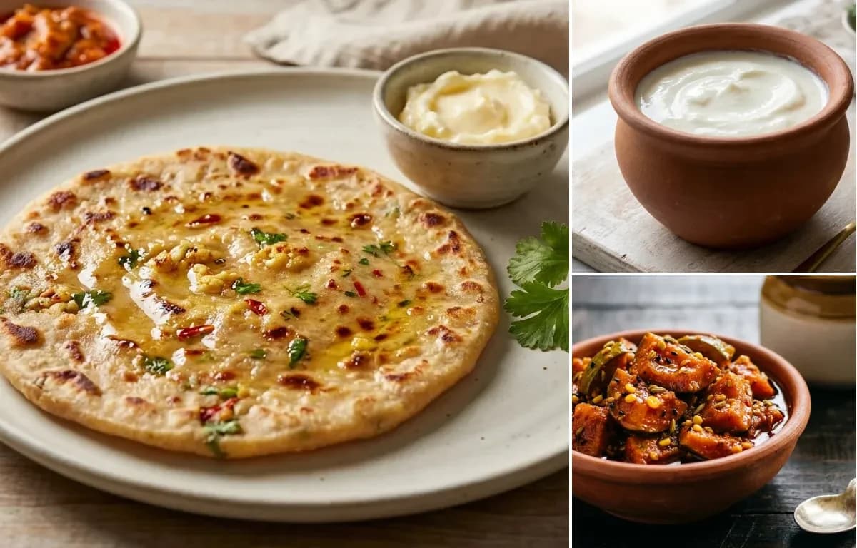Gobi Paratha, Curd and Mango Pickle