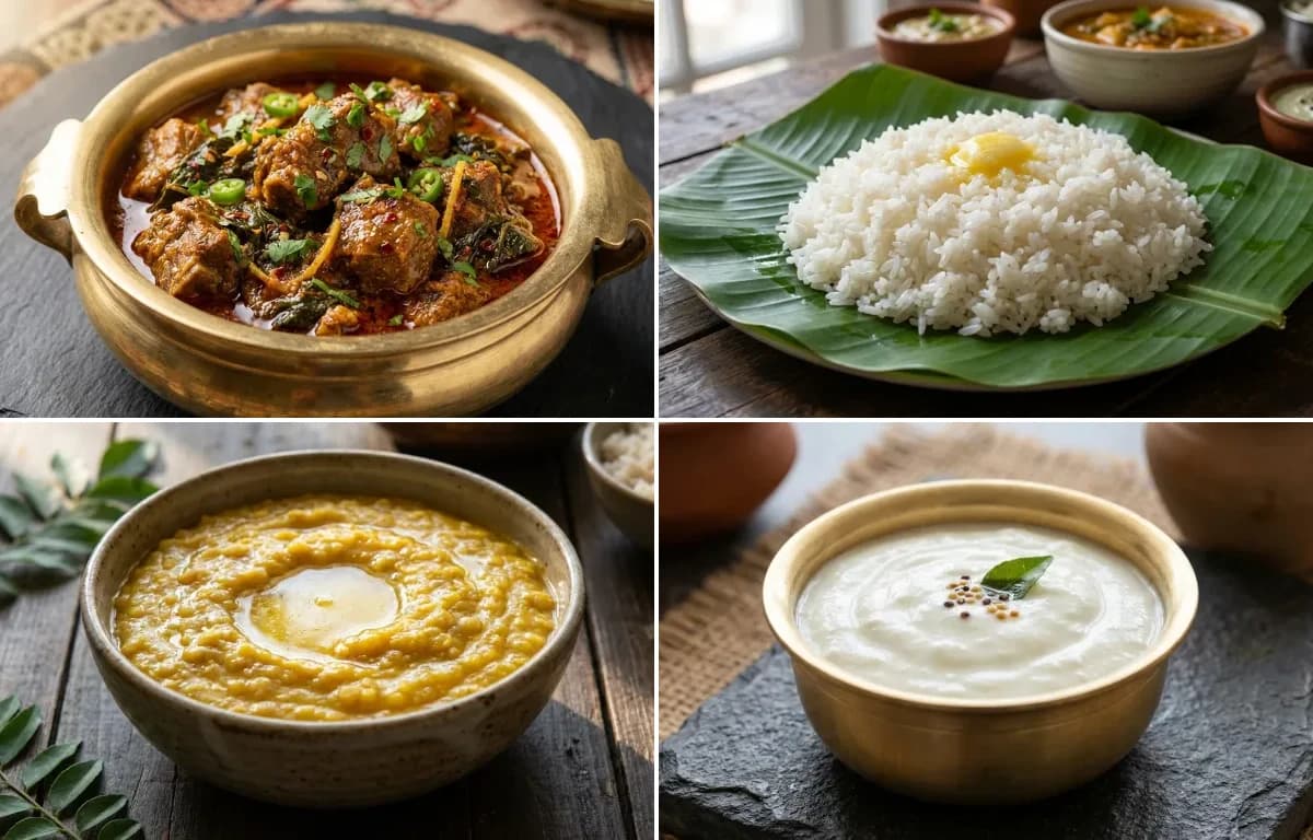 Gongura Mamsam, Steamed Rice, Mudda Pappu and Perugu