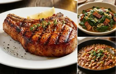 Grilled Pork Chops with Collard Greens and Black-Eyed Peas