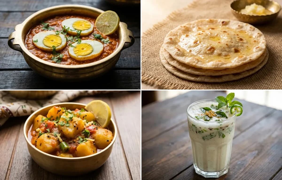 Gujarati Egg Curry, Rotli, Bateta nu Shaak and Masala Chaas