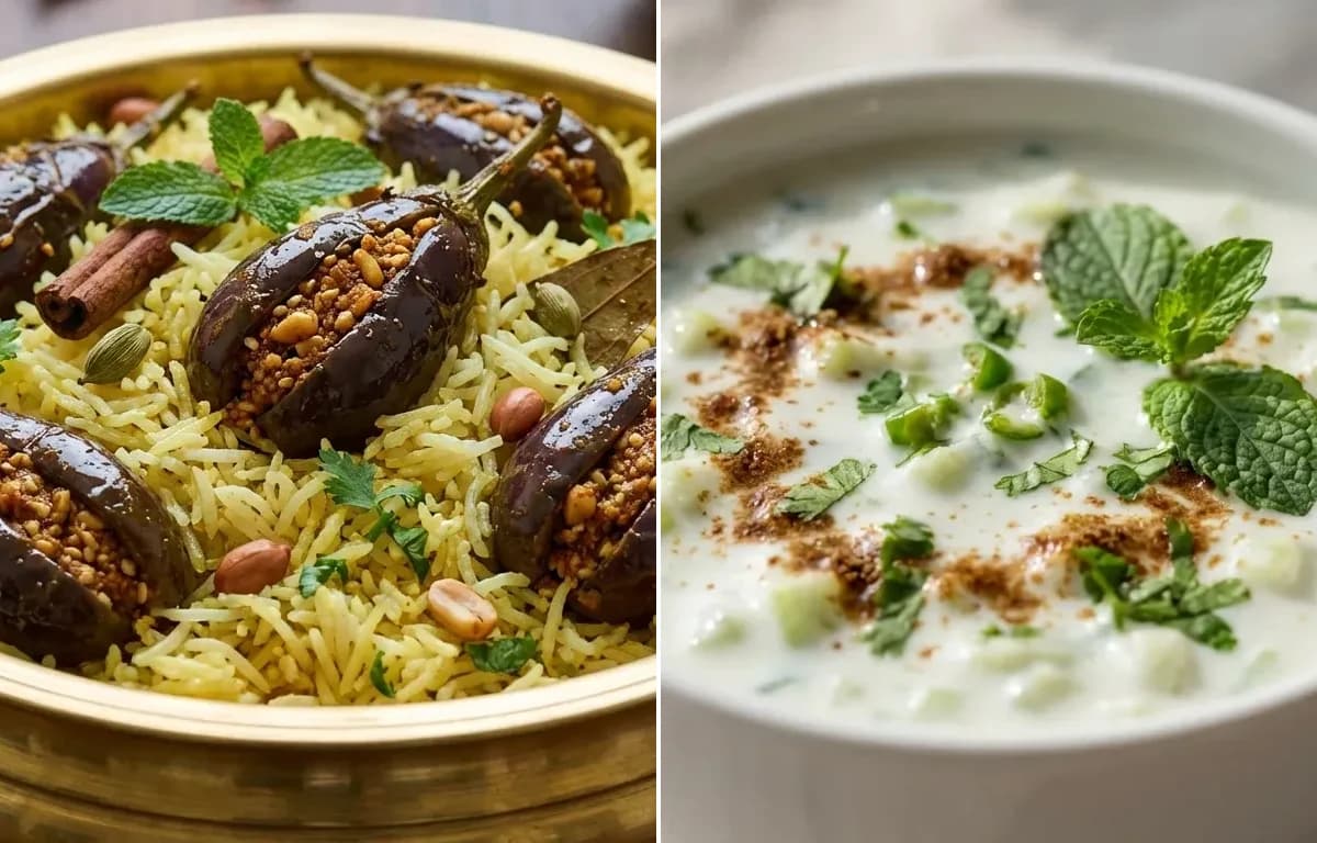 Gutti Vankaya Pulao with Cucumber Raita