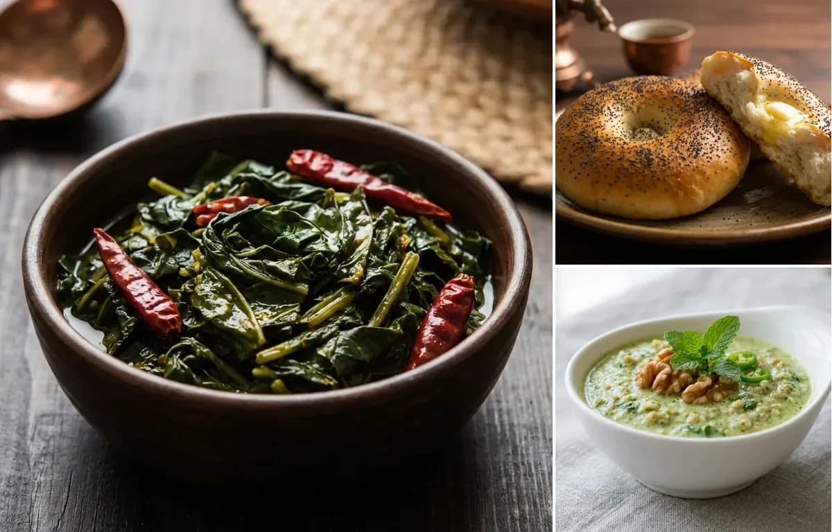 Haak Saag, Kashmiri Girda and Walnut Chutney