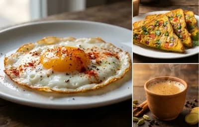 Half Fry Eggs, Tawa Bread Toast and Masala Chai