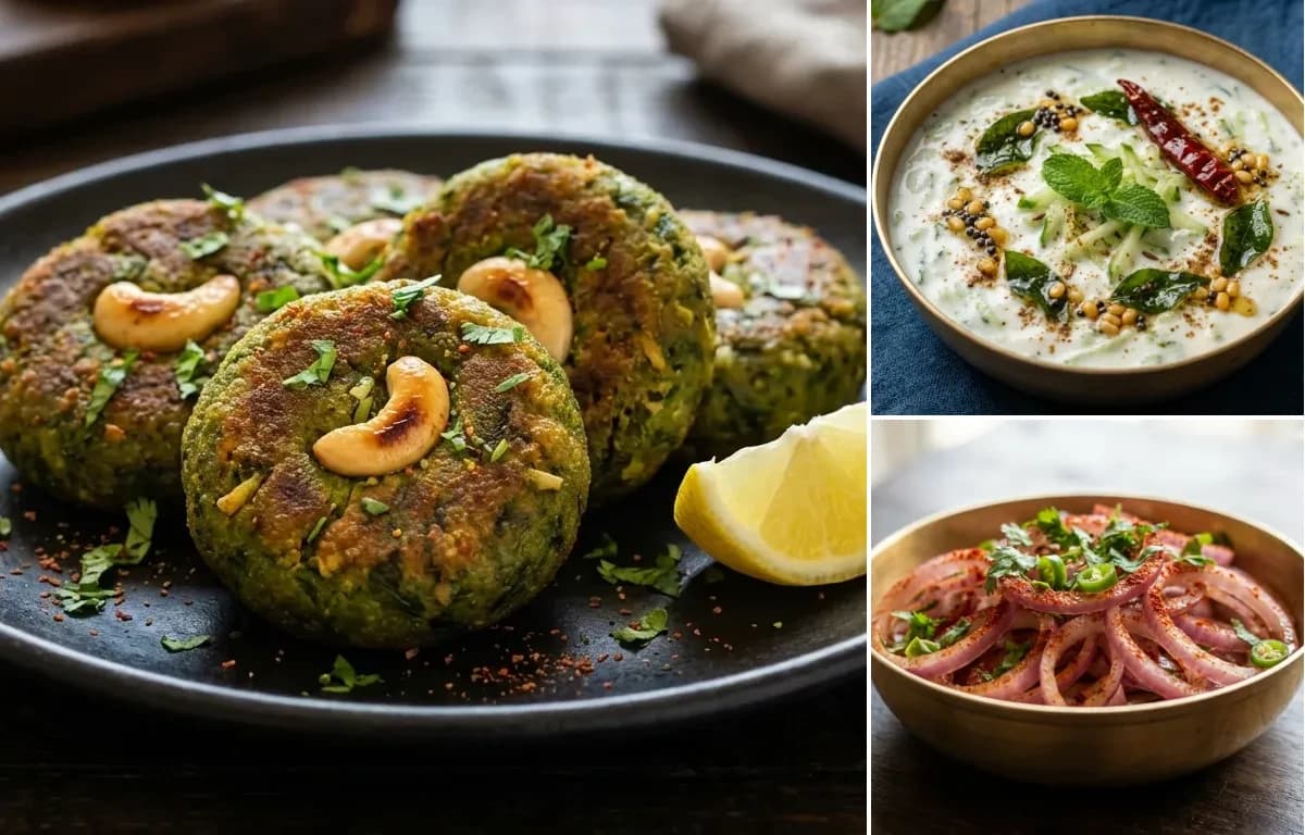 Hara Bhara Kebab, Raita and Onion Salad