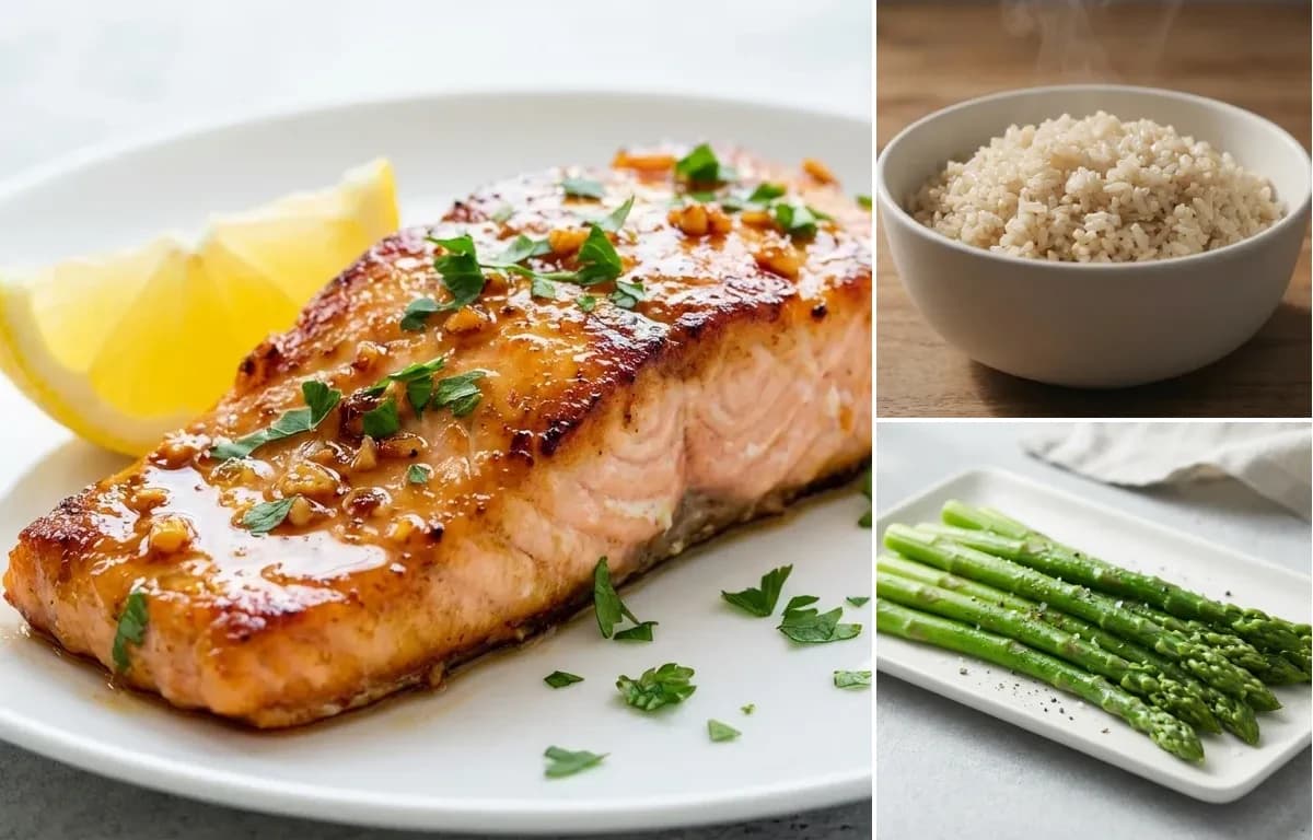 Honey Glazed Salmon, Brown Rice and Steamed Asparagus