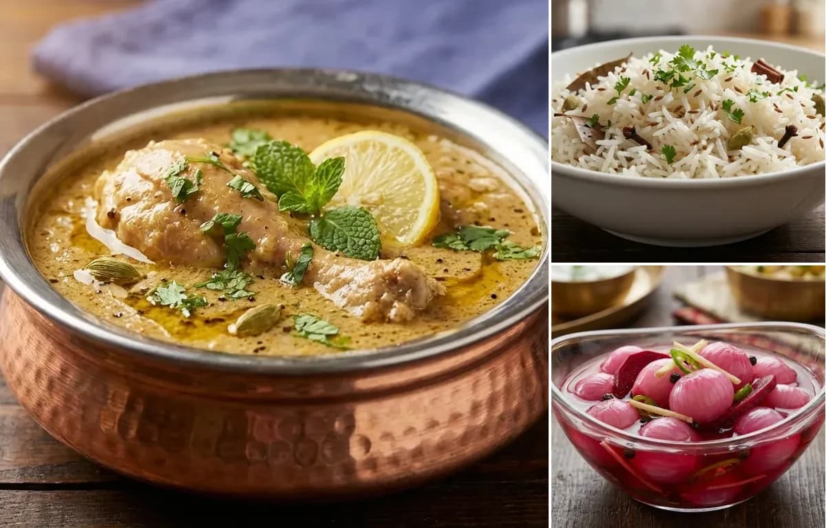 Hyderabadi Chicken Korma, Jeera Rice and Sirke Wale Pyaaz
