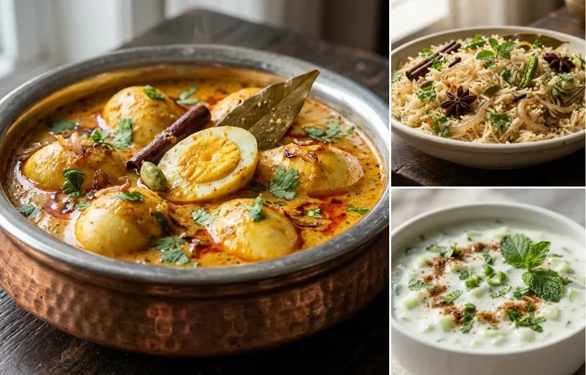 Hyderabadi Egg Korma, Bagara Chawal and Cucumber Raita