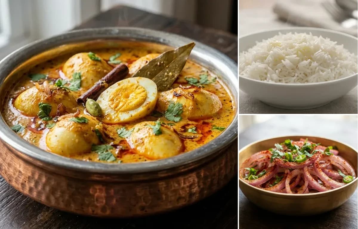 Hyderabadi Egg Korma, Steamed Basmati Rice and Onion Salad