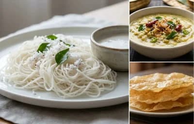 Idiyappam with Cherupayar Curry and Pappadam