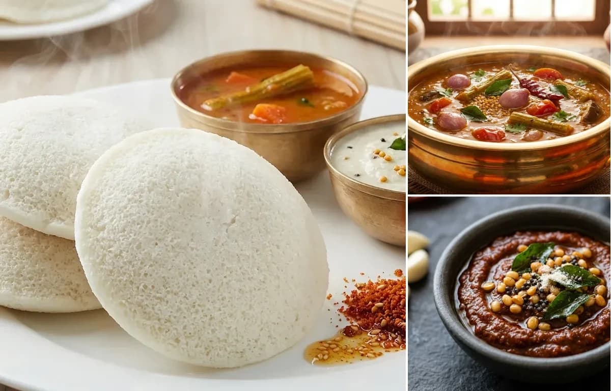 Idli, Chettinad Sambar and Poondu Chutney