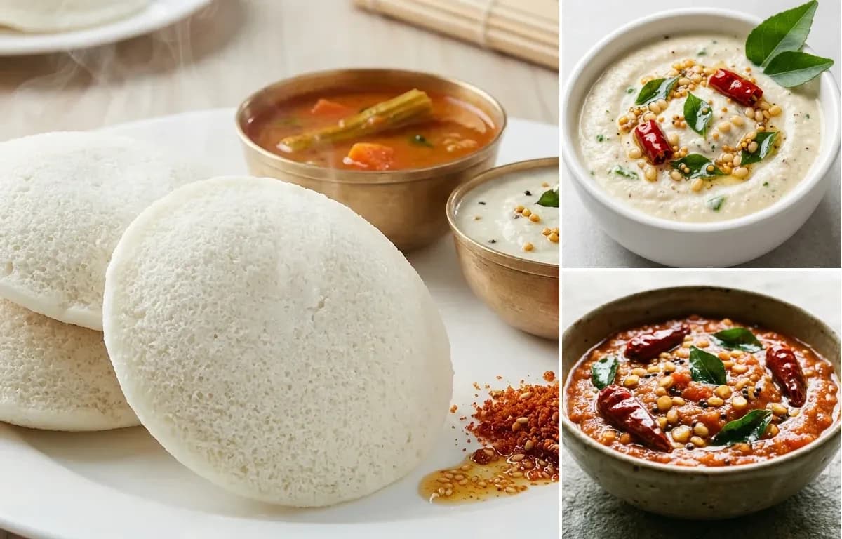 Idli, Coconut Chutney and Tomato Chutney