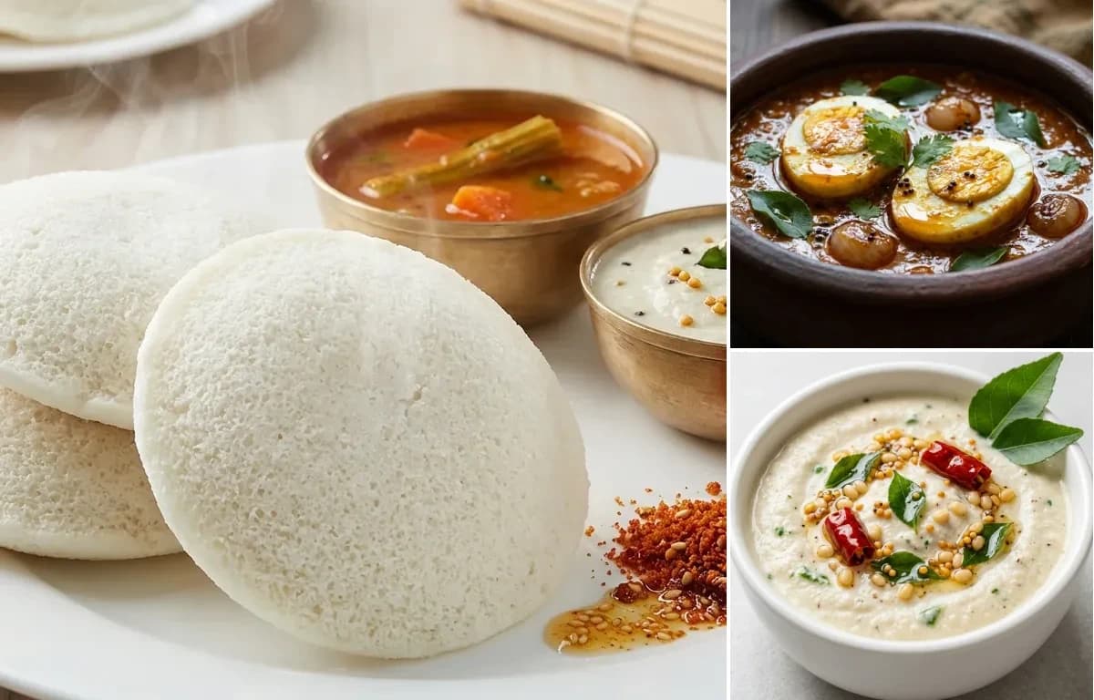 Idli, Muttai Kulambu and Coconut Chutney