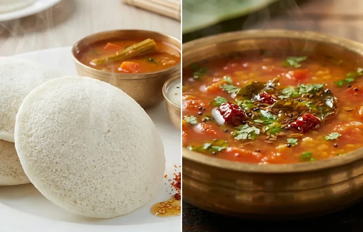 Idli with Tomato Rasam