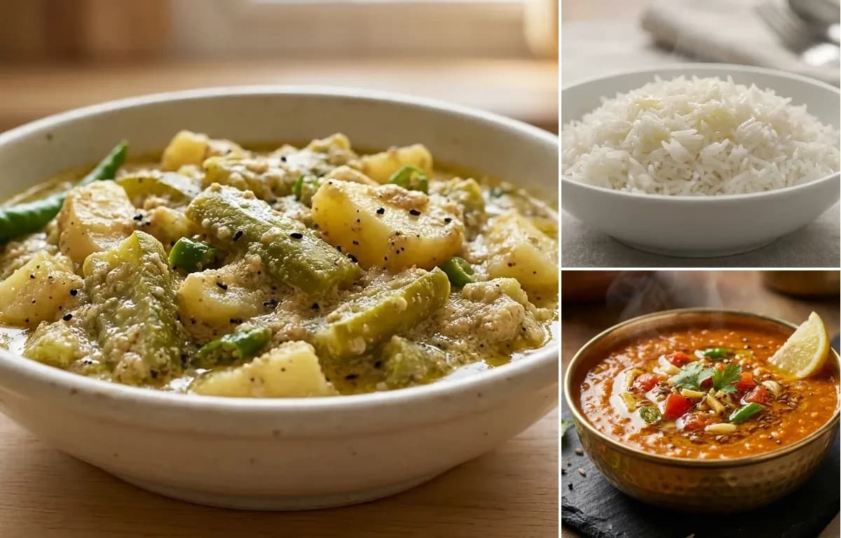 Jhinge Aloo Posto, Steamed Basmati Rice and Masoor Dal Tadka