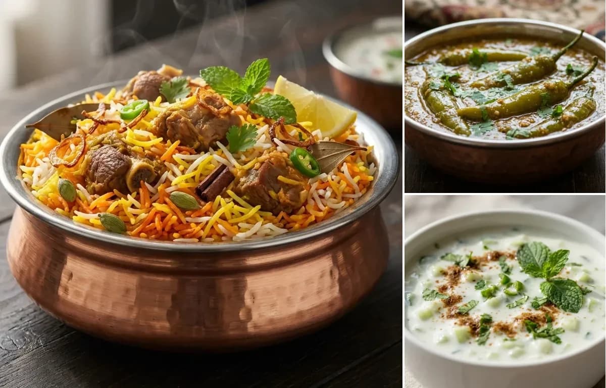 Kachay Gosht ki Biryani, Mirchi ka Salan and Cucumber Raita