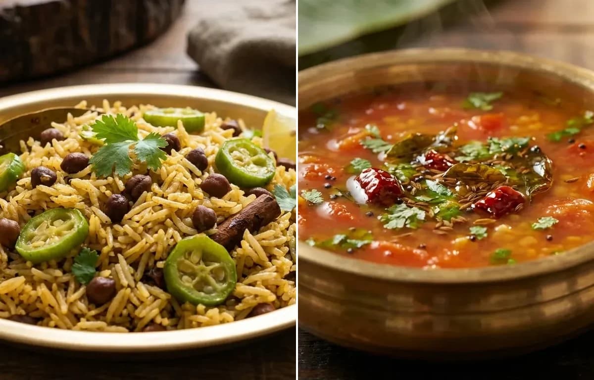Kadle Manoli Pulao with Tomato Rasam