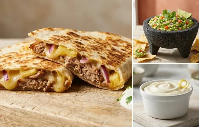 Kalua Pork Quesadillas, Guacamole and Sour Cream