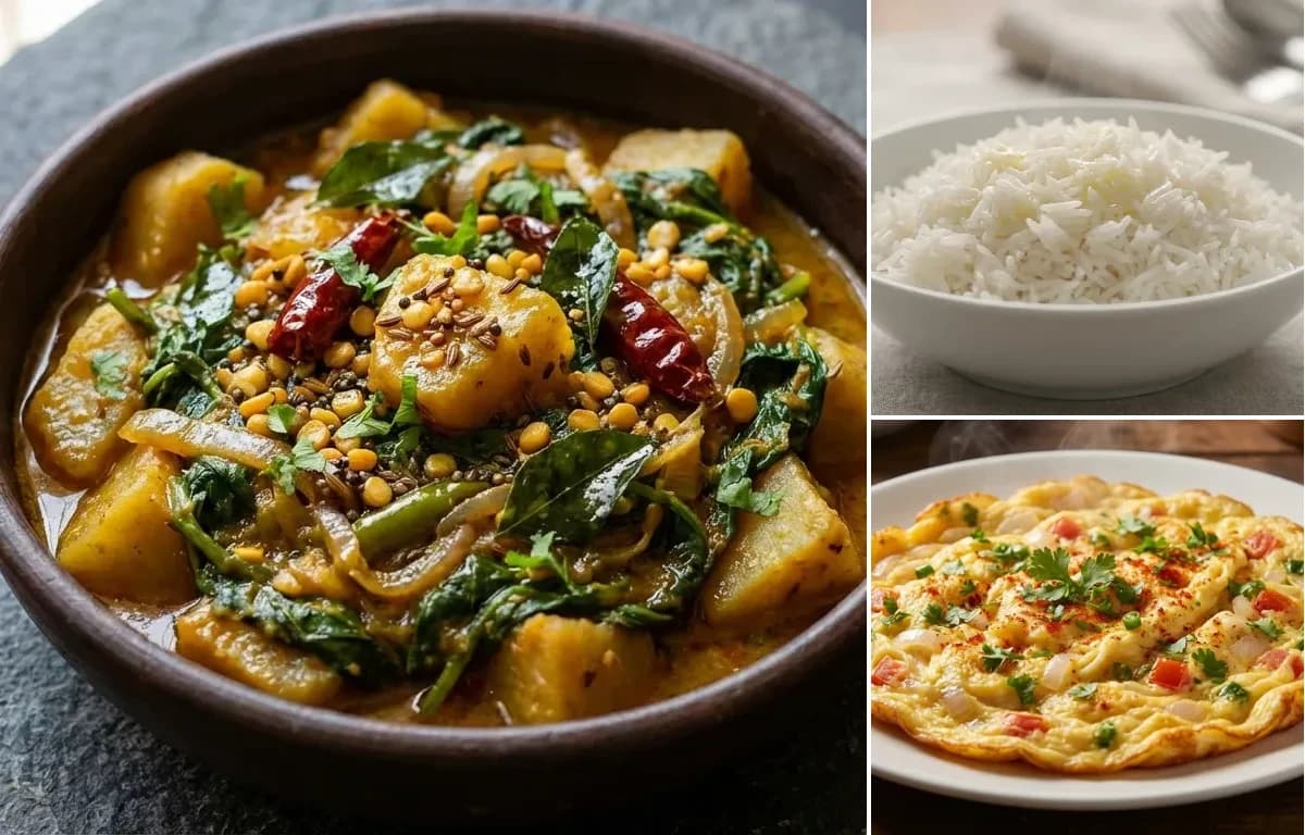 Kanda Bachali Kura, Steamed Basmati Rice and Masala Omelette