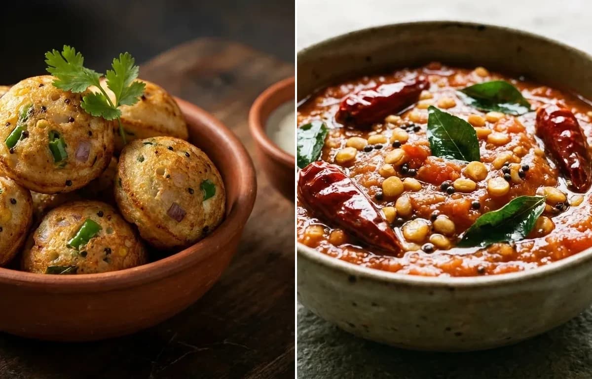 Kara Kuzhi Paniyaram with Tomato Chutney
