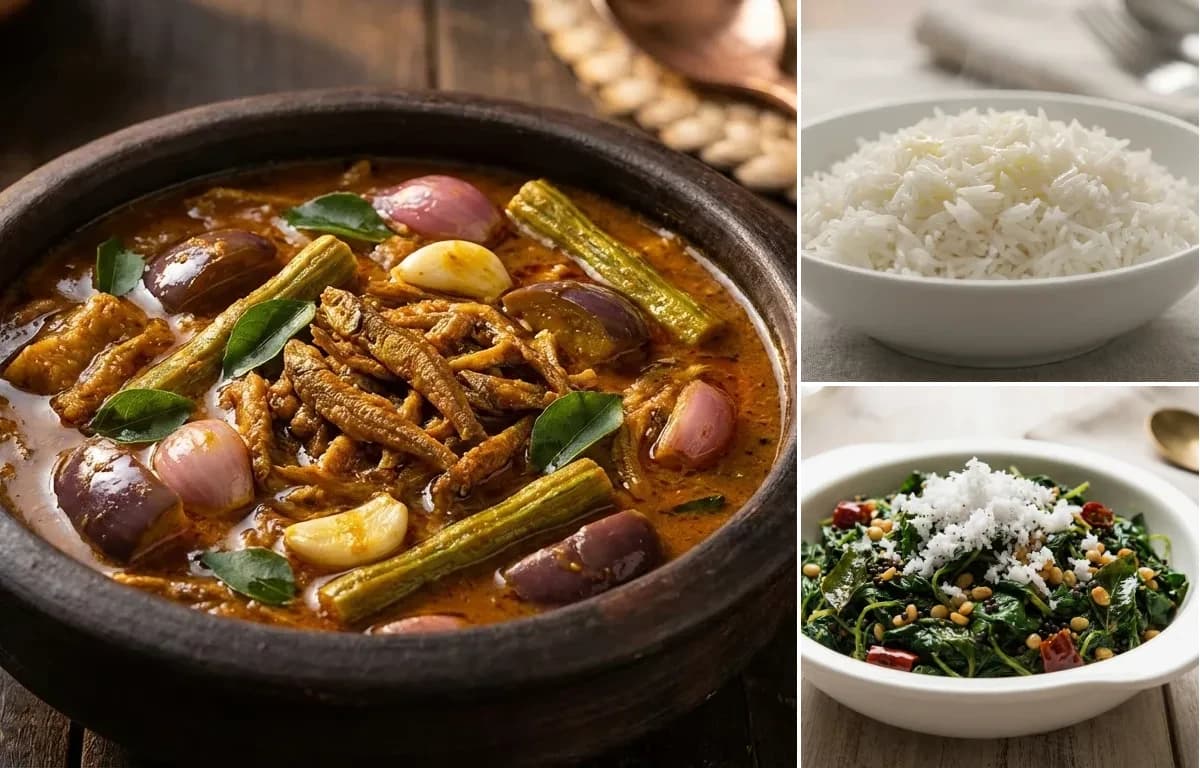 Karuvadu Kuzhambu, Steamed Basmati Rice and Keerai Poriyal