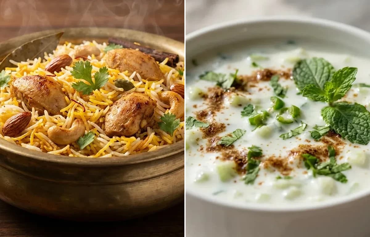 Kashmiri Chicken Pulao with Cucumber Raita