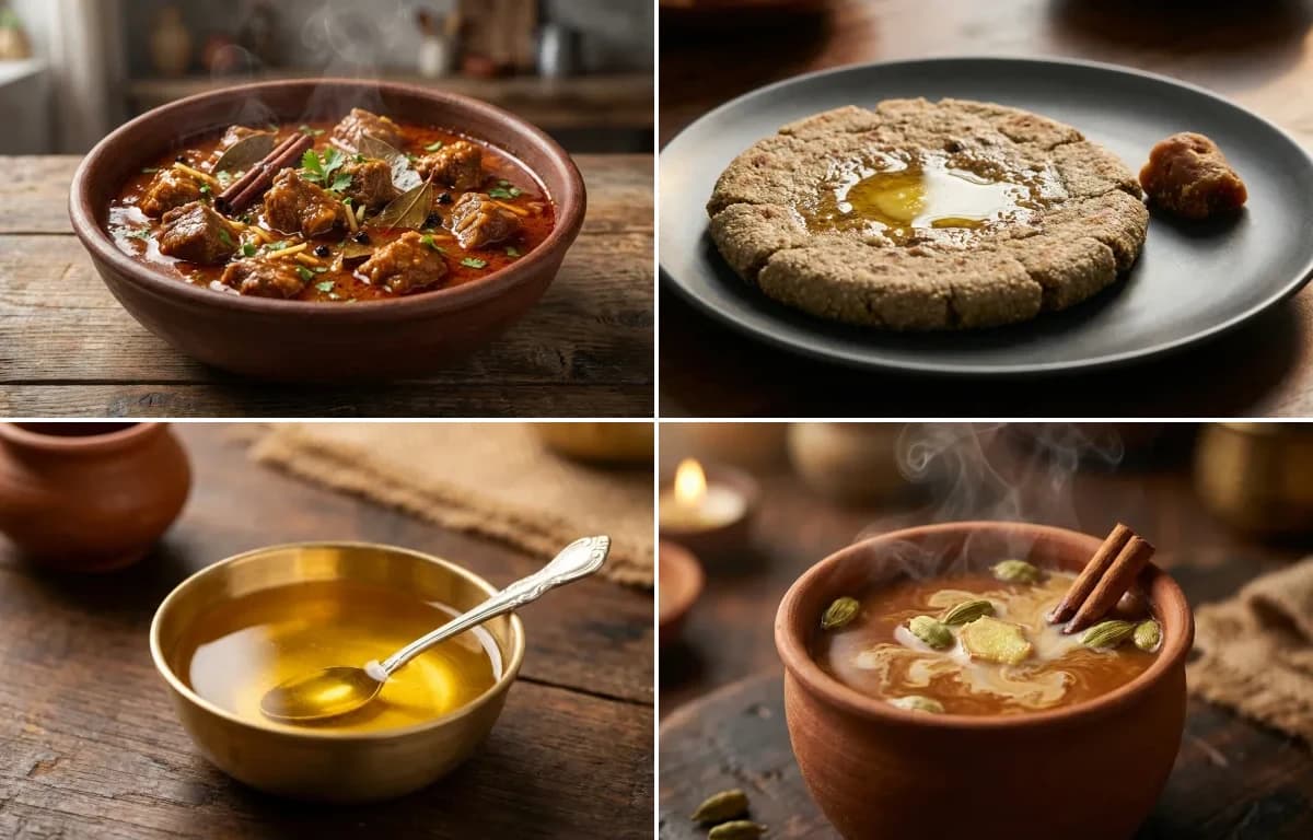 Kathiawadi Mutton Curry, Bajra Rotla, Ghee and Gur ki Chai