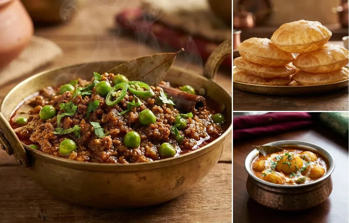 Keema Matar, Puri and Dum Aloo