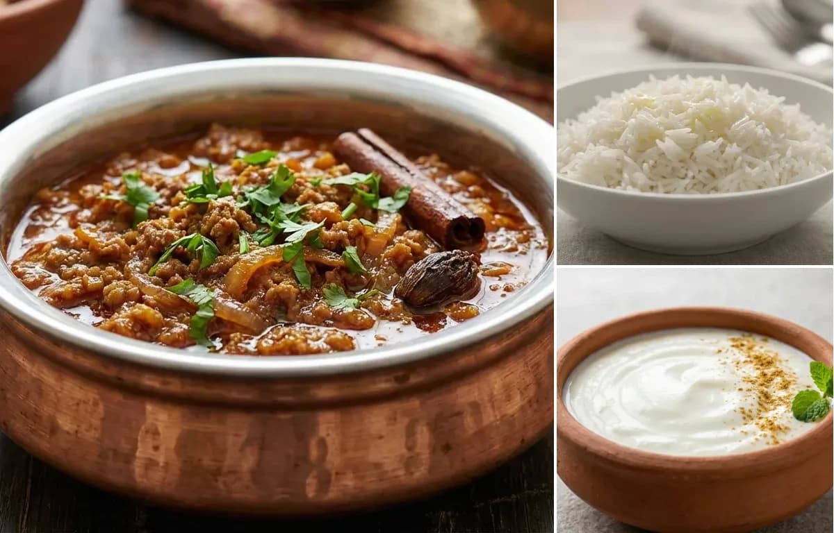 Keema, Steamed Basmati Rice and Dahi