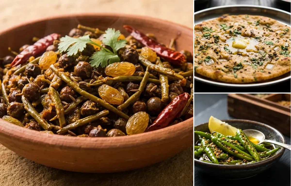 Ker Sangri Sabzi, Missi Roti and Green Chili Pickle
