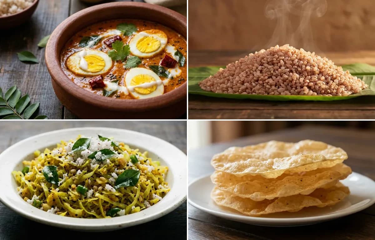 Kerala Egg Curry, Matta Rice, Cabbage Thoran and Pappadam