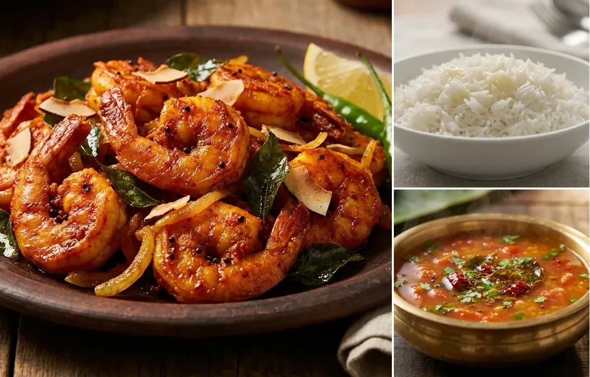 Kerala Prawn Fry, Steamed Basmati Rice and Tomato Rasam