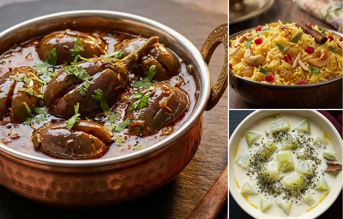Khatte Baingan, Kashmiri Pulao and Kashmiri Lauki Yakhni