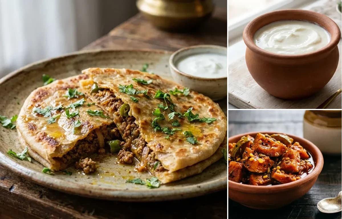 Kheema Paratha, Curd and Mango Pickle
