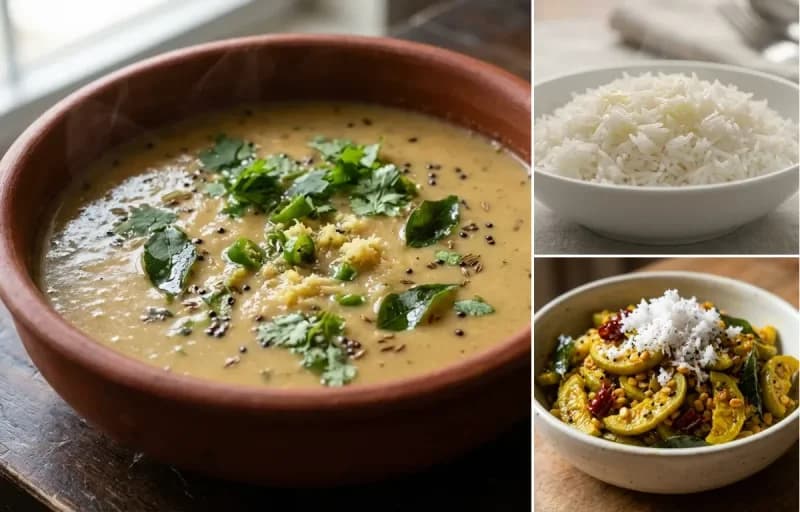 Kulith Kadhi, Steamed Basmati Rice and Tendli Upkari