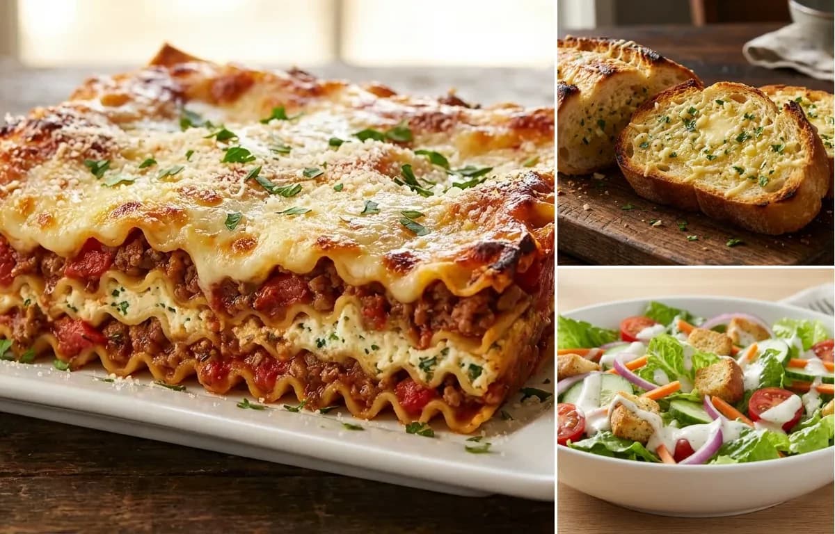Lasagna, Garlic Bread and Side Salad