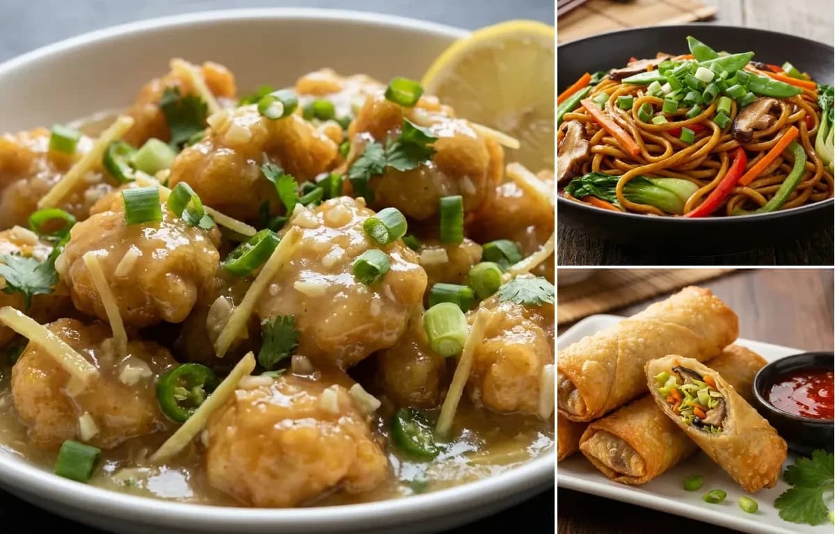 Lemon Chicken, Vegetable Lo Mein and Fried Spring Rolls